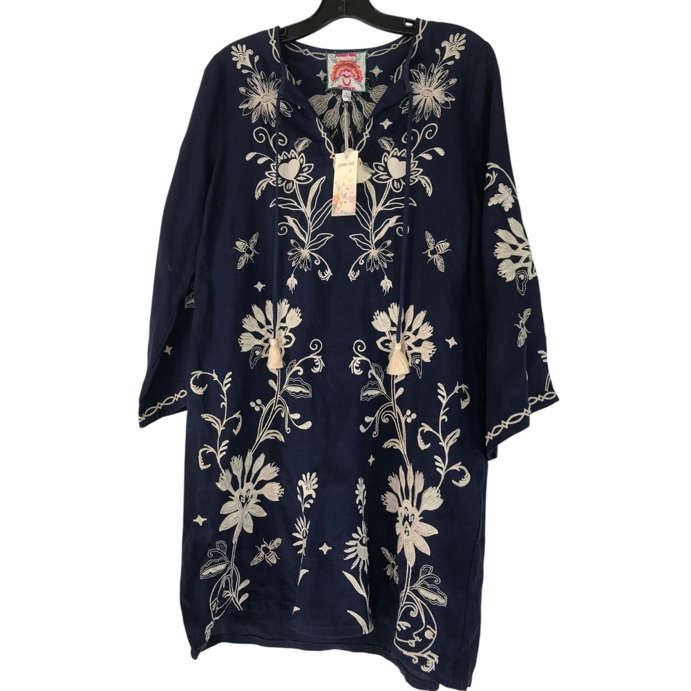 Johnny Was Kimono Sleeve Dress Blue Floral Embroidered‎ Linen Small Bumble Bee